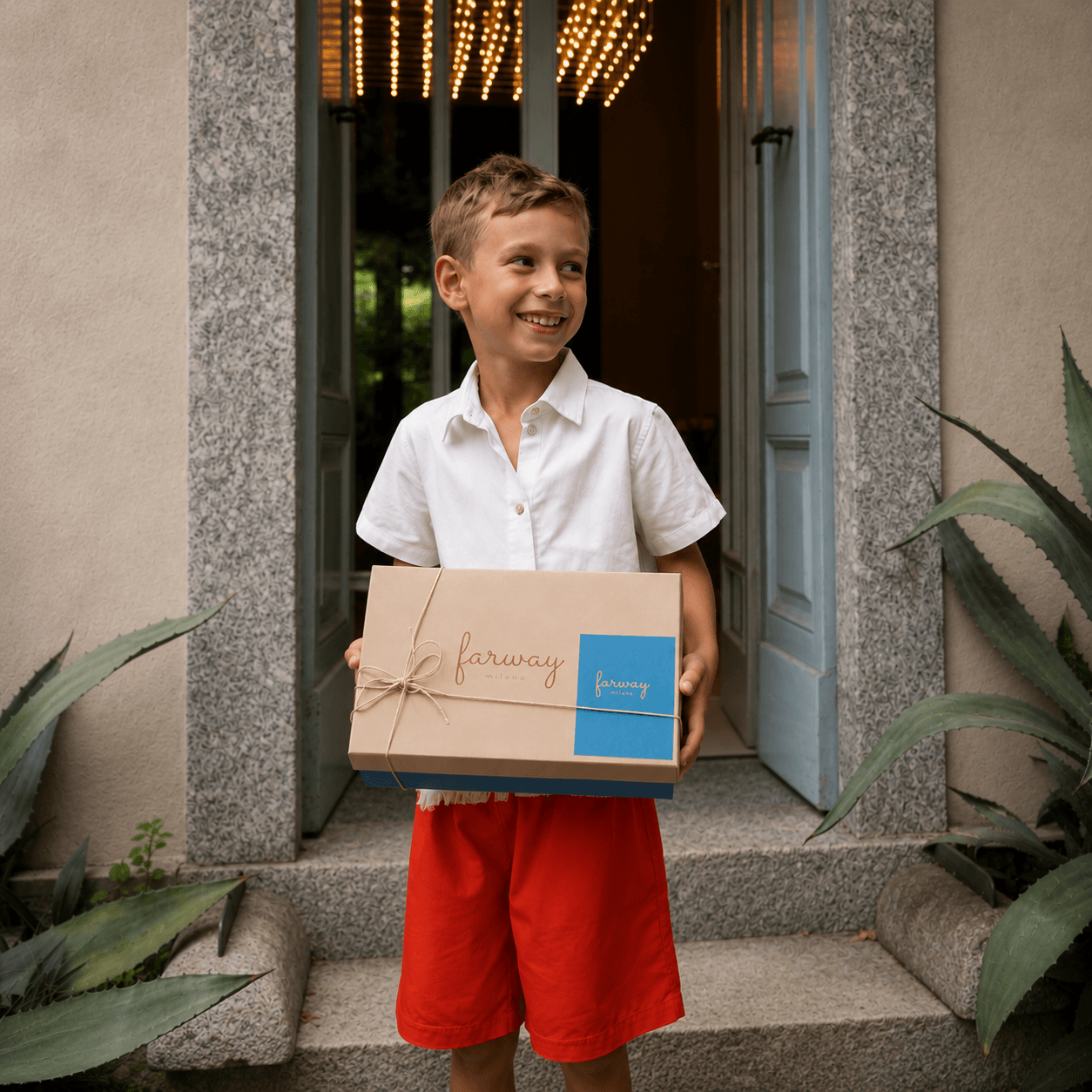 Bambino Farway Milano con un regalo confezionato
